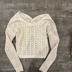 Women's Open-Knit Cream Sweater - Lightweight Long Sleeve